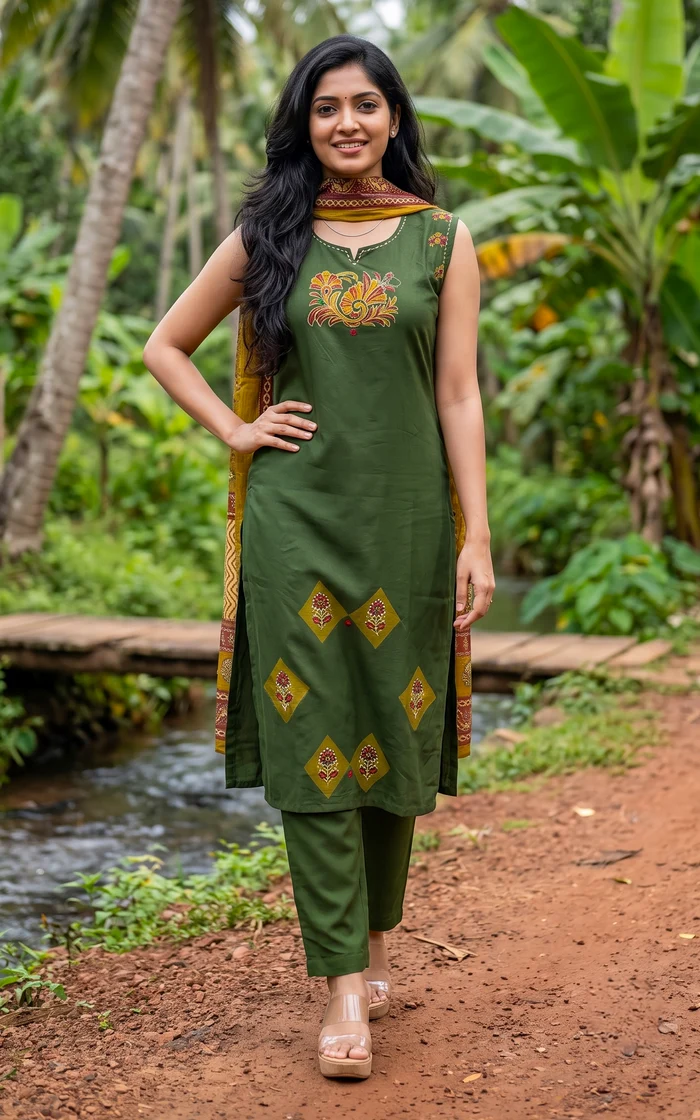 Mehandi Green Printed Straight Salwar Set with Kalamkari Dupatta